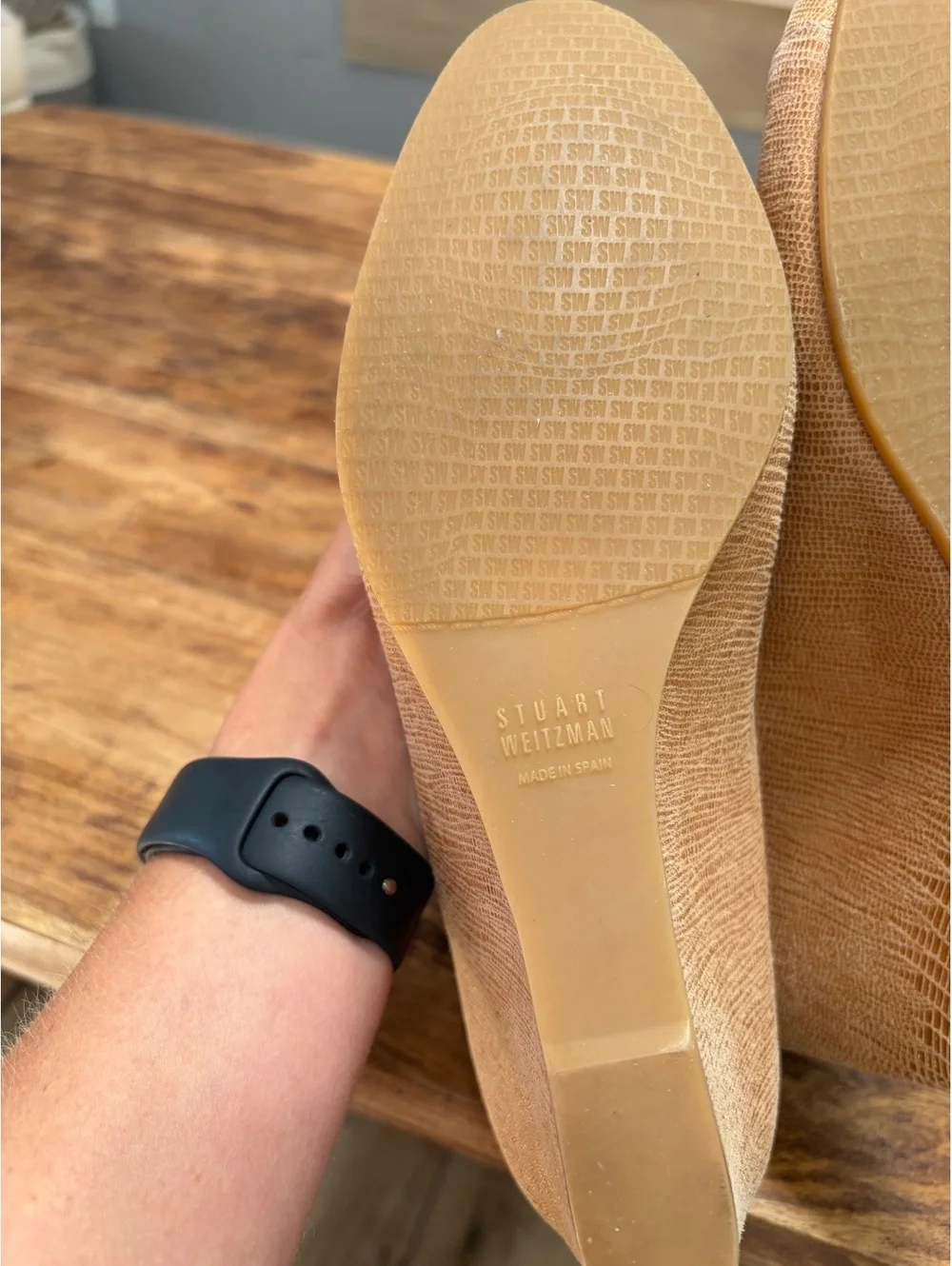 Stuart Weitzman Women's Beige Textured Wedge Heels with Decorative Buckle Size 9